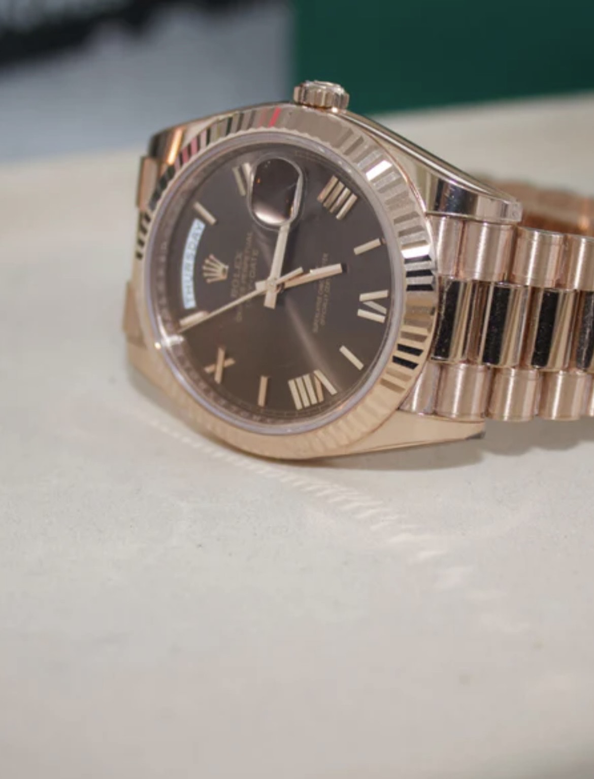 Rolex Daydate 40 ' Presidential " Rose Gold Chocolate Roman Dial
